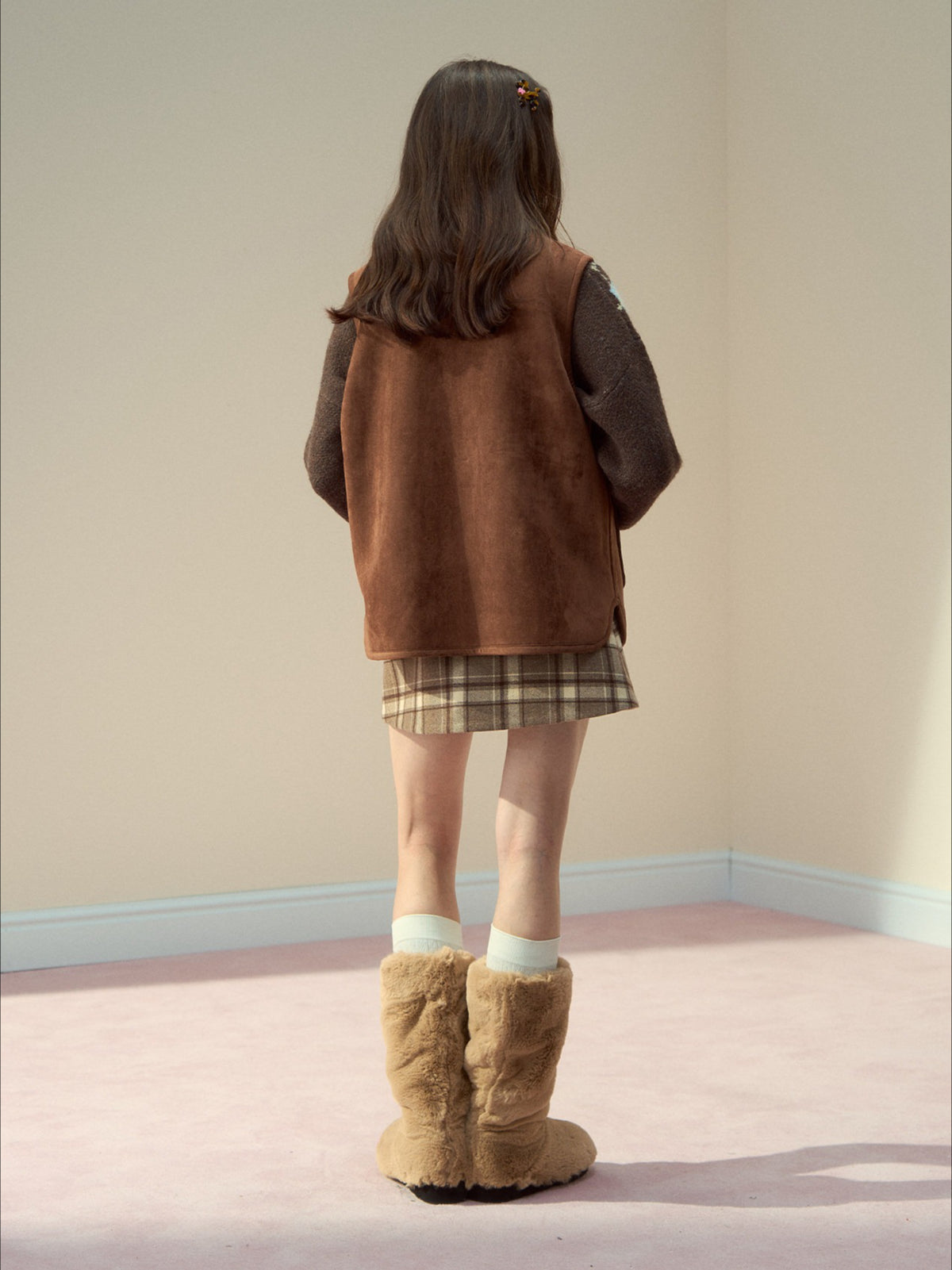 SunsetPark - "Mocha Fair Isle" Caramel Reversible Bow-Tie Faux Fur Vest Top