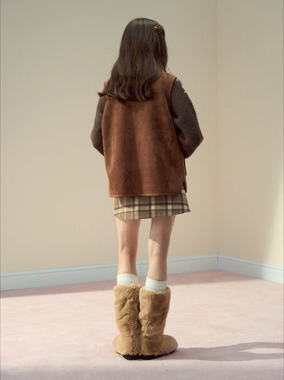 SunsetPark - "Mocha Fair Isle" Caramel Reversible Bow-Tie Faux Fur Vest Top