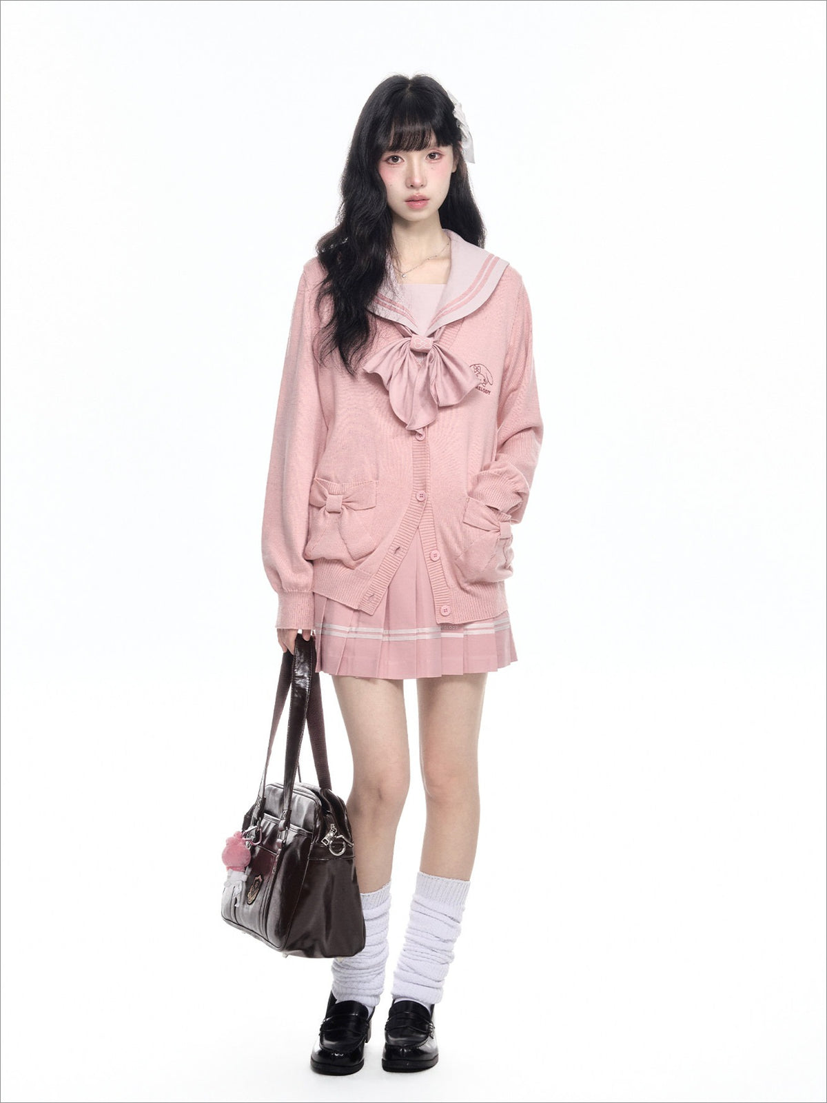 “Melody Blush” Pink Knit Cardigan & Sailor Uniform Set