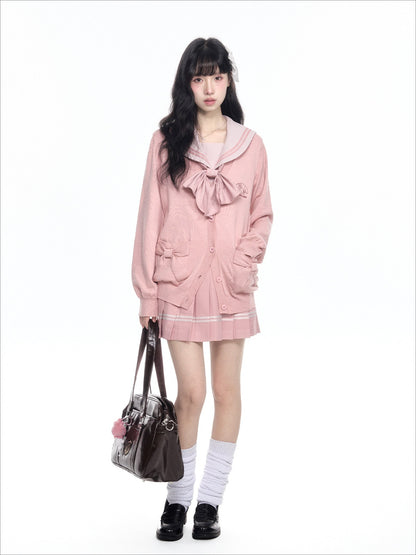 “Melody Blush” Pink Knit Cardigan & Sailor Uniform Set