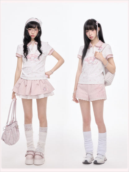 “Melody Blossom” Pink Floral Polo & Layered Skort Set