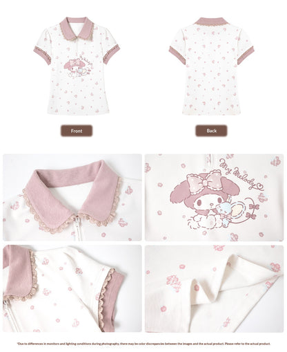 “Melody Blossom” Pink Floral Polo & Layered Skort Set