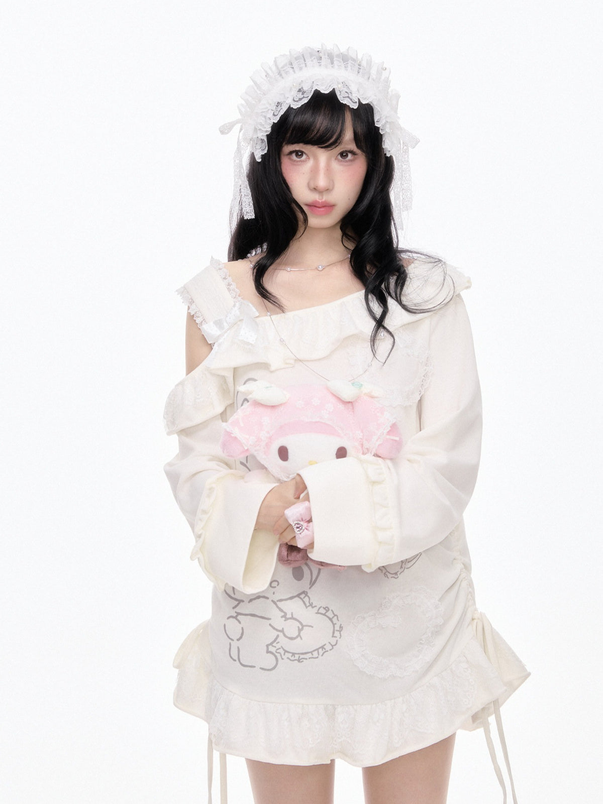 “Sweet Bloom” Ivory My Melody Asymmetric Oversized Top