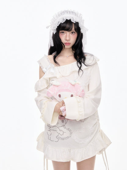 “Sweet Bloom” Ivory My Melody Asymmetric Oversized Top