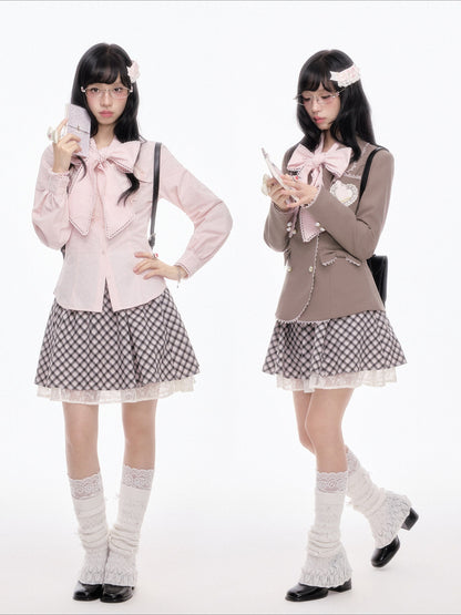 “Melody Academia” Pink Blazer + Blush Pink Shirt + Black & White Plaid Skirt Set