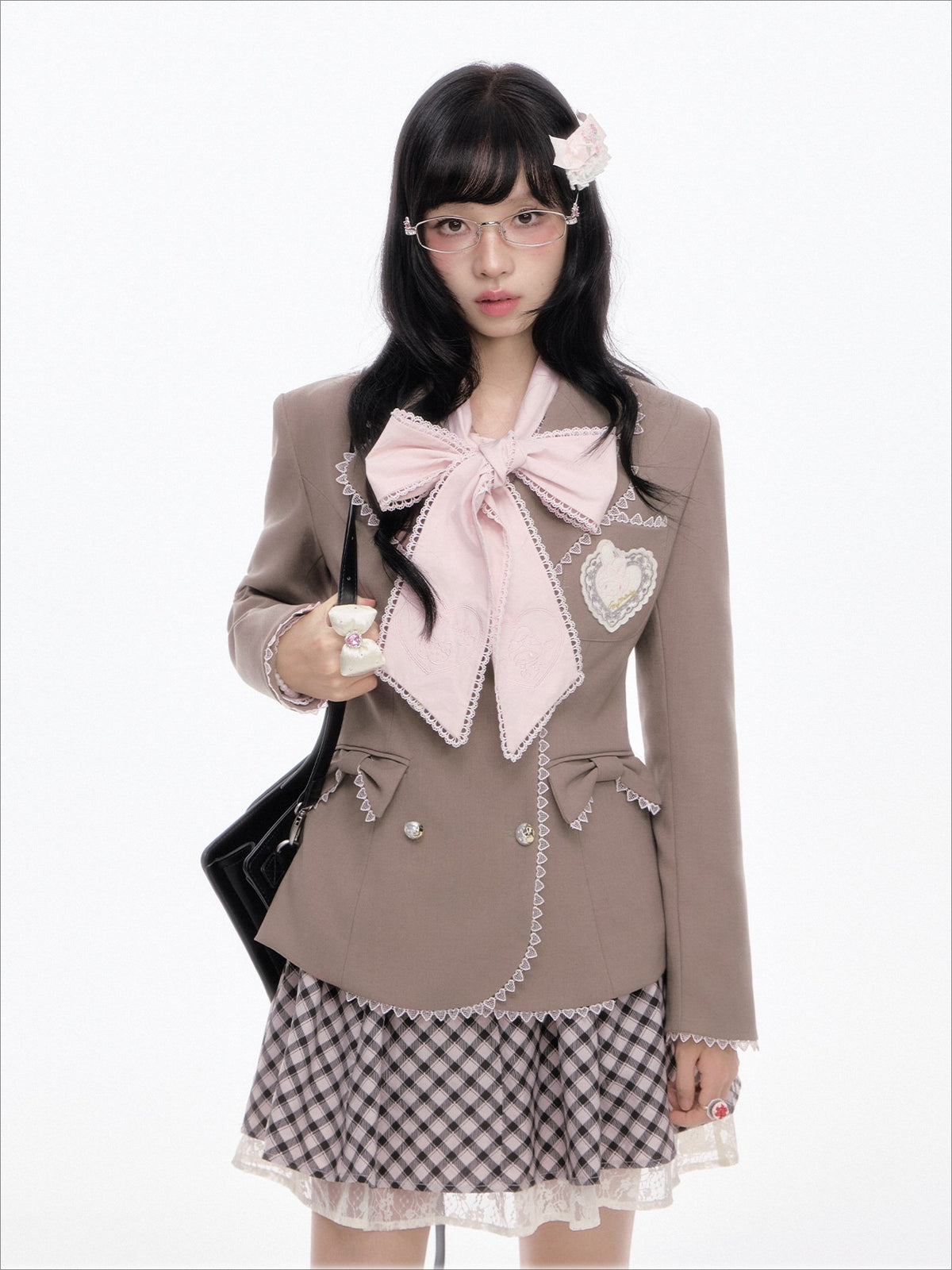 “Melody Academia” Pink Blazer + Blush Pink Shirt + Black & White Plaid Skirt Set