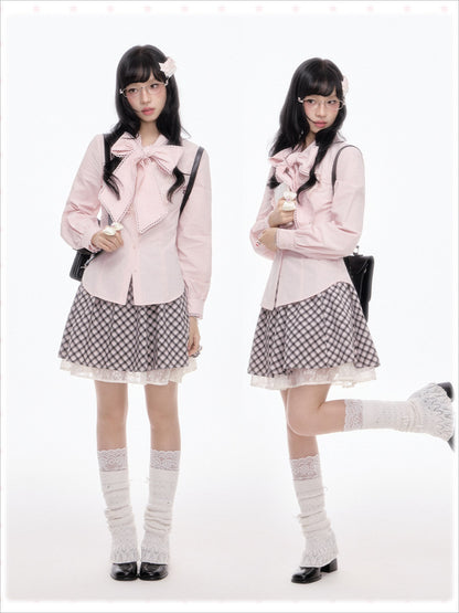 “Melody Academia” Pink Blazer + Blush Pink Shirt + Black & White Plaid Skirt Set