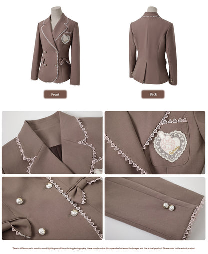 “Melody Academia” Pink Blazer + Blush Pink Shirt + Black & White Plaid Skirt Set