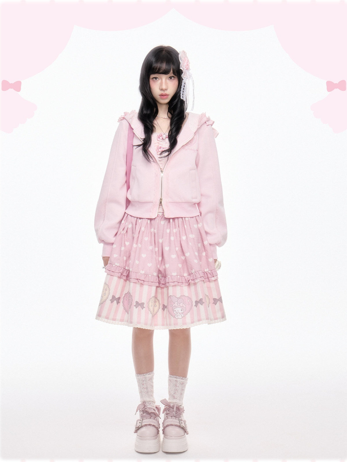 “Ribbon Daydream” Pink Cropped Zip-Up Hoodie