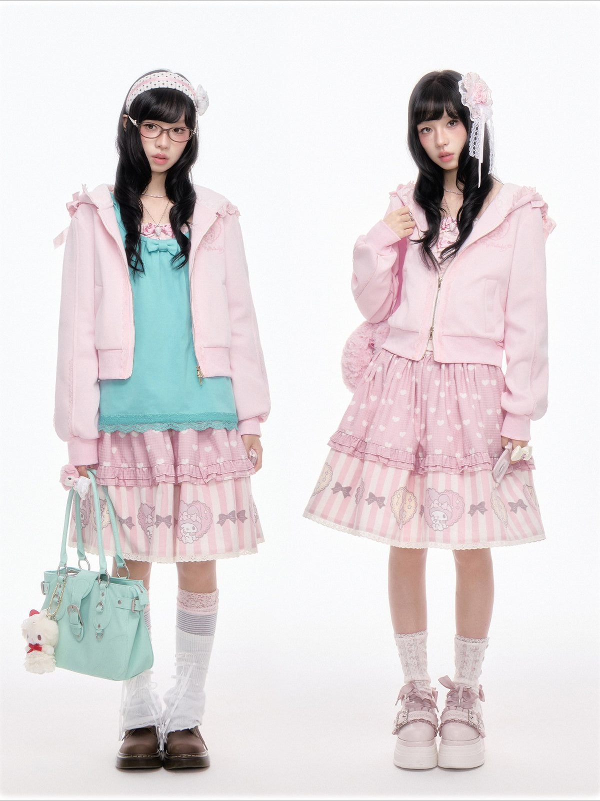 “Ribbon Daydream” Pink Cropped Zip-Up Hoodie