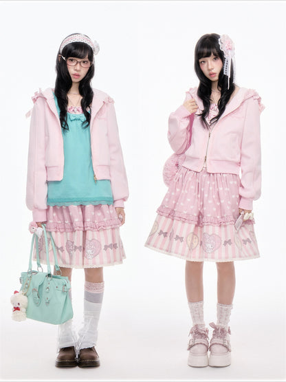“Ribbon Daydream” Pink Cropped Zip-Up Hoodie