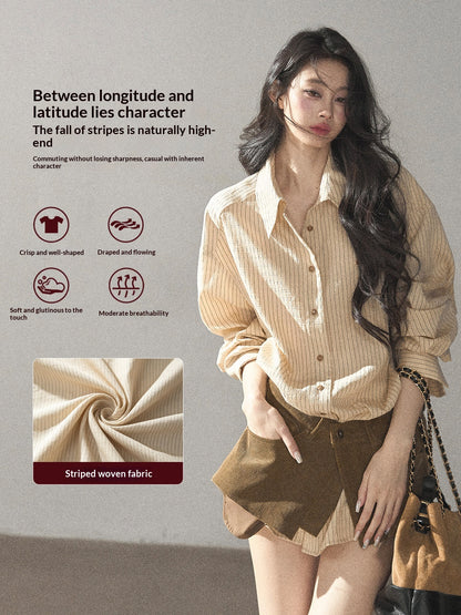 AOMALM - "Autumn Botanicals" Amber Yellow Striped Shirt & Wrap Faux Half-Skirt Set