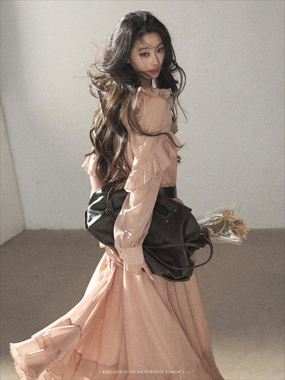 AOMALM - "Waiting for Sunset" Soft Pink French Ruffle Maxi Dress with Belt