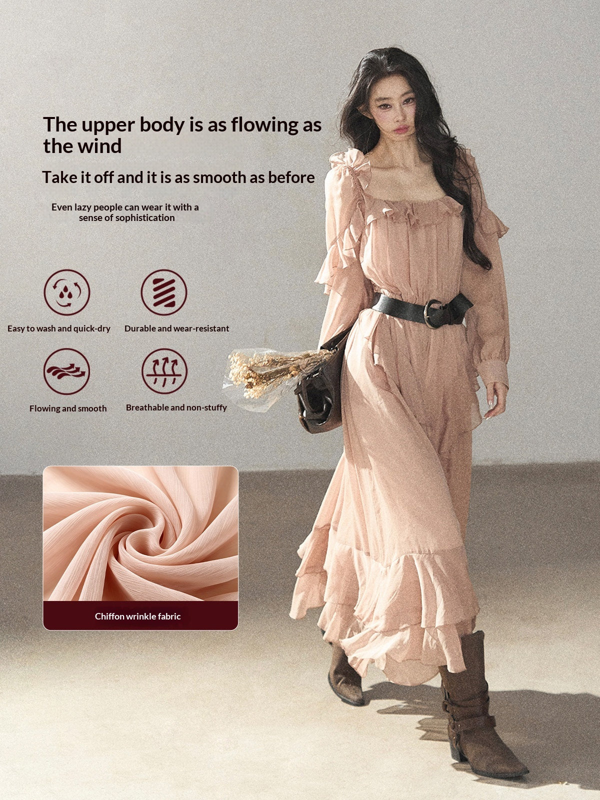 AOMALM - "Waiting for Sunset" Soft Pink French Ruffle Maxi Dress with Belt