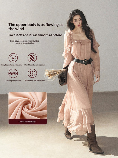 AOMALM - "Waiting for Sunset" Soft Pink French Ruffle Maxi Dress with Belt