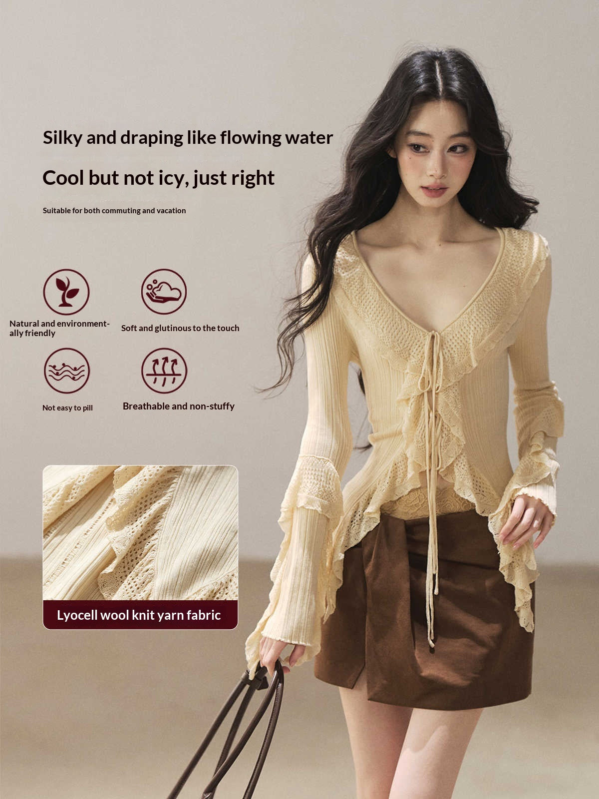 AOMALM - "The Gap of Light" Cheese Yellow Korean Ruffle Lace-Trim Knit Cardigan