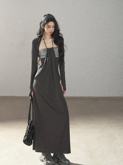 AOMALM - "Twilight River Cove" Cloud Mist Gray Striped Knit Shoulder Wrap Dress Set