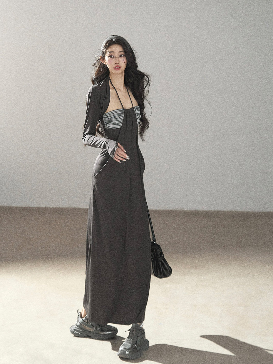 AOMALM - "Twilight River Cove" Cloud Mist Gray Striped Knit Shoulder Wrap Dress Set