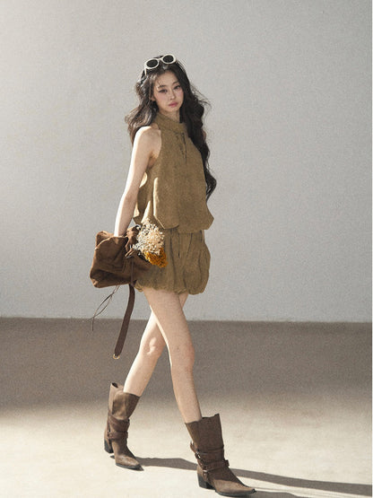 AOMALM - "The Veins of Leaves" Oatmeal French Faux Suede Top & Shorts Set