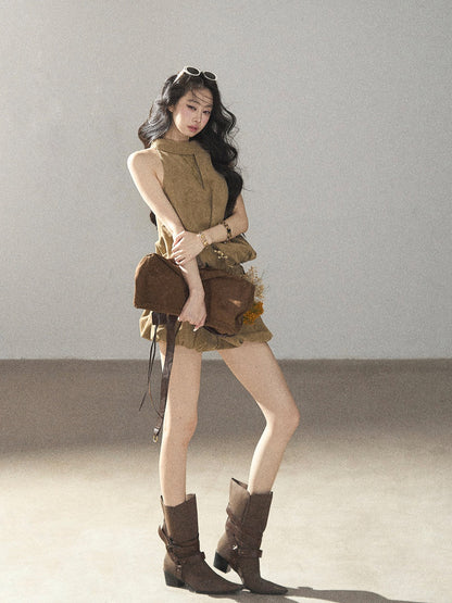 AOMALM - "The Veins of Leaves" Oatmeal French Faux Suede Top & Shorts Set