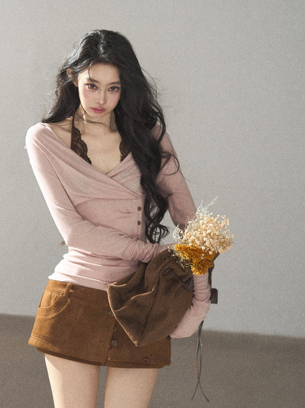 AOMALM - "Rose Garden Daydream" Misty Pink Korean Layered Lace Long-Sleeve Halter Top