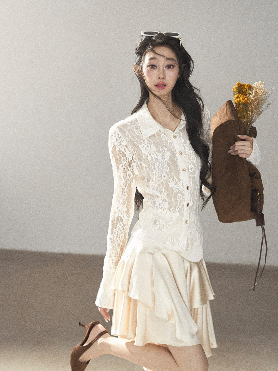 AOMALM - "Vine Texture" Dutch Cream French Lace Polo Collar Cutout Cropped Top