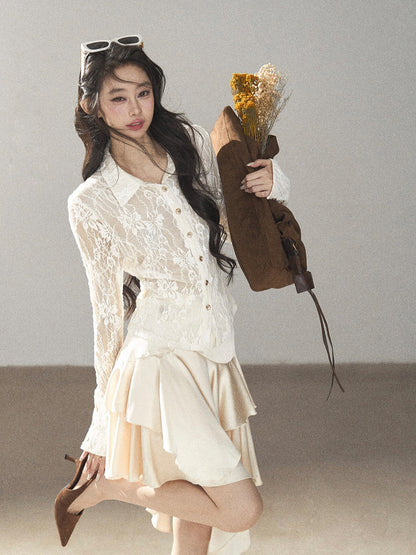 AOMALM - "Vine Texture" Dutch Cream French Lace Polo Collar Cutout Cropped Top