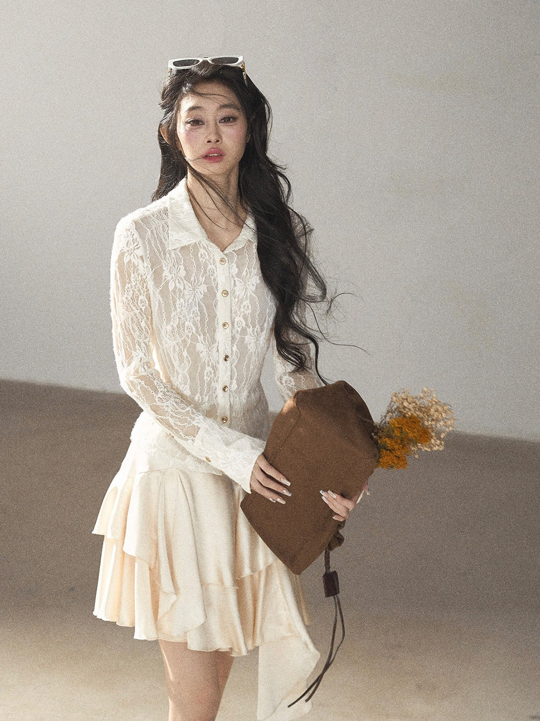 AOMALM - "Vine Texture" Dutch Cream French Lace Polo Collar Cutout Cropped Top