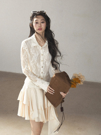 AOMALM - "Vine Texture" Dutch Cream French Lace Polo Collar Cutout Cropped Top