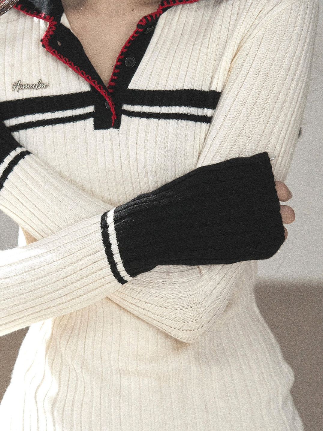 AOMALM - "Soft Moonlight" Cream Almond White American Long-Sleeve Polo Knit Top