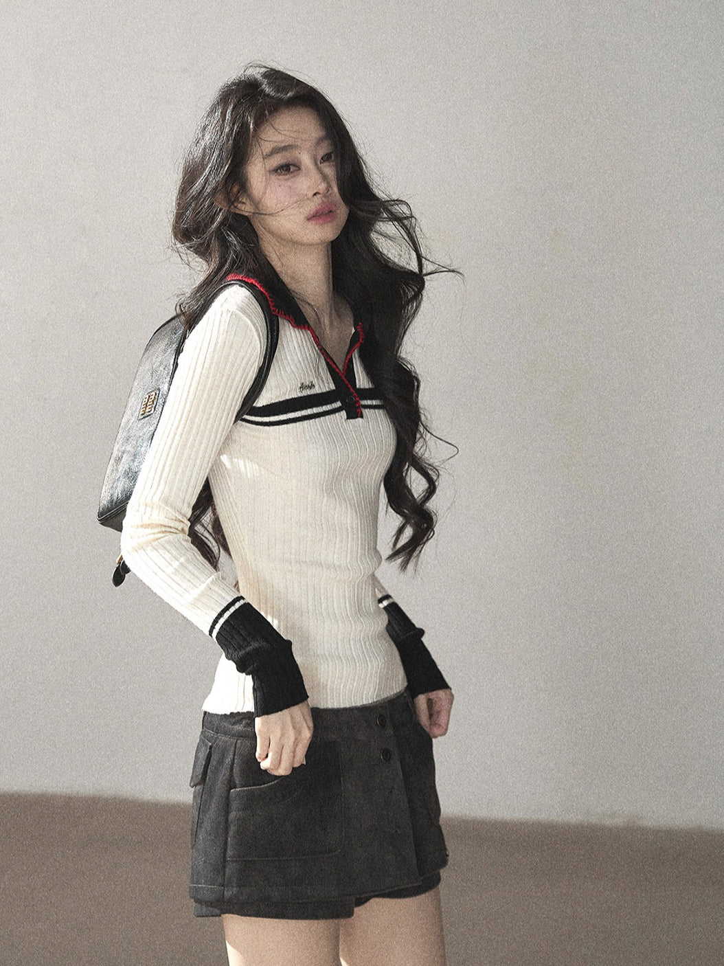 AOMALM - "Soft Moonlight" Cream Almond White American Long-Sleeve Polo Knit Top