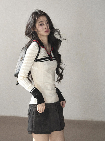 AOMALM - "Soft Moonlight" Cream Almond White American Long-Sleeve Polo Knit Top