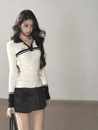 AOMALM - "Soft Moonlight" Cream Almond White American Long-Sleeve Polo Knit Top