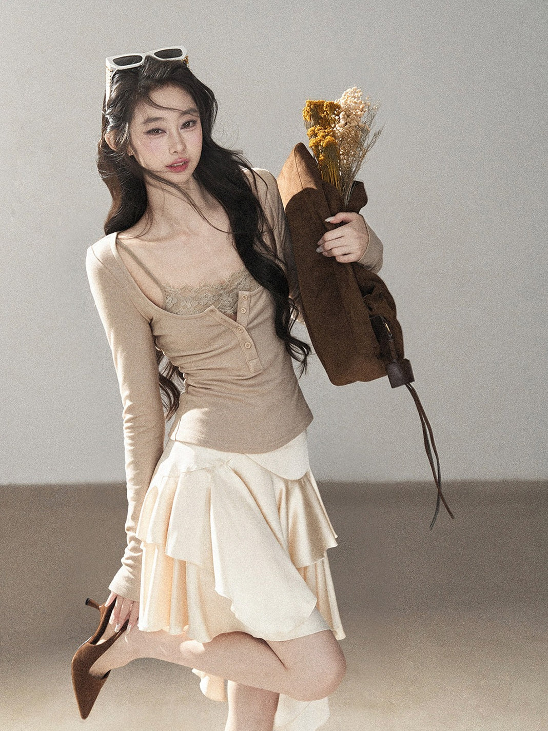 AOMALM - "Dappled Tree Shadows" Oat Beige Korean Lace Camisole Long-Sleeve Top Set