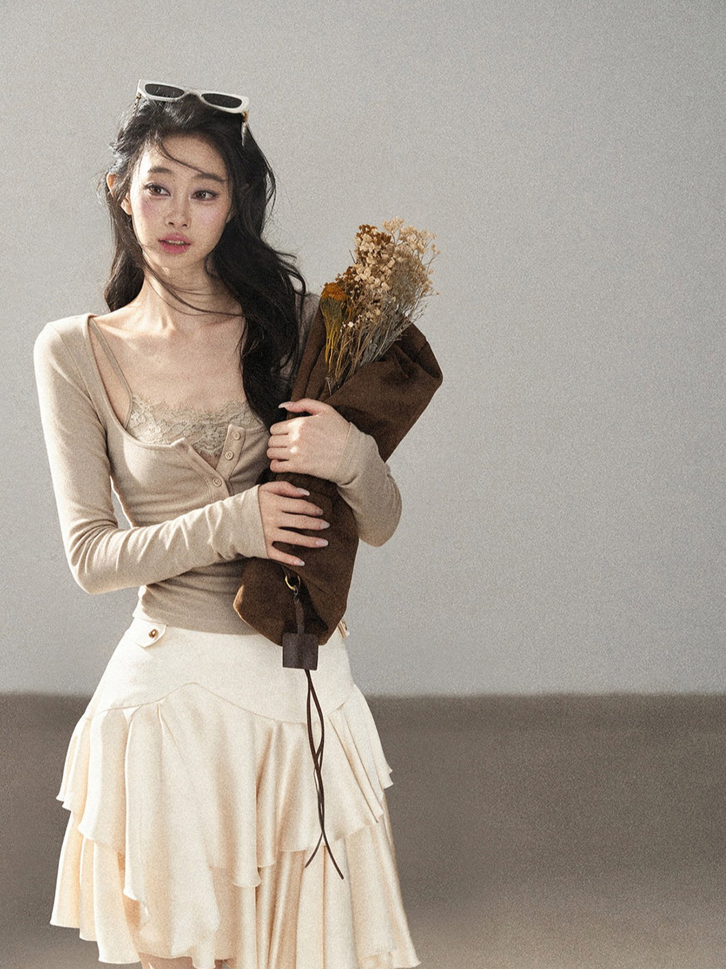 AOMALM - "Dappled Tree Shadows" Oat Beige Korean Lace Camisole Long-Sleeve Top Set