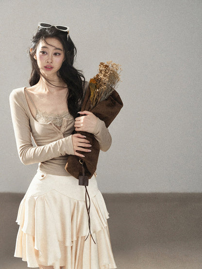 AOMALM - "Dappled Tree Shadows" Oat Beige Korean Lace Camisole Long-Sleeve Top Set