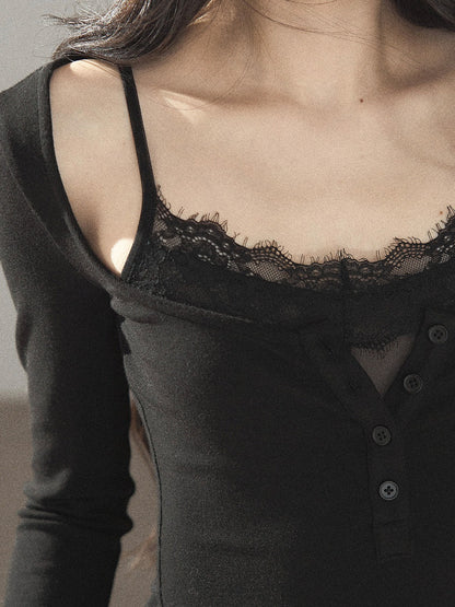 AOMALM - "Dappled Tree Shadows" Serene Black Korean Lace Camisole Long-Sleeve Top Set