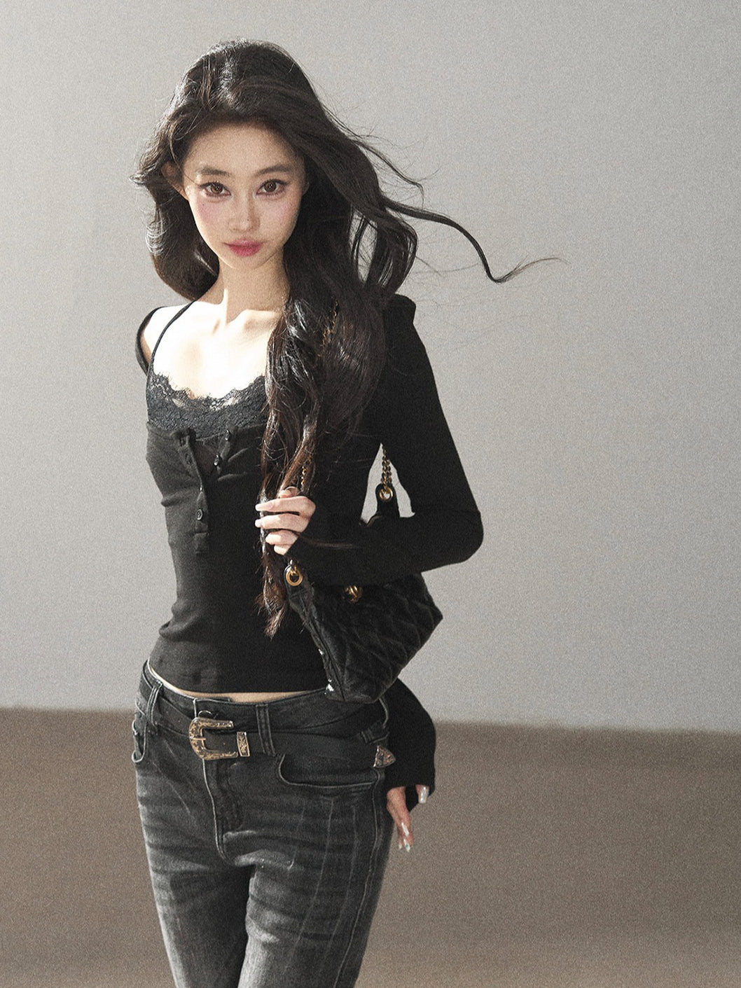 AOMALM - "Dappled Tree Shadows" Serene Black Korean Lace Camisole Long-Sleeve Top Set