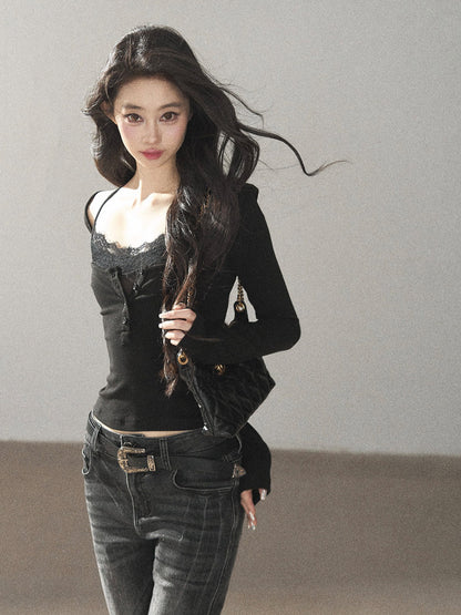 AOMALM - "Dappled Tree Shadows" Serene Black Korean Lace Camisole Long-Sleeve Top Set