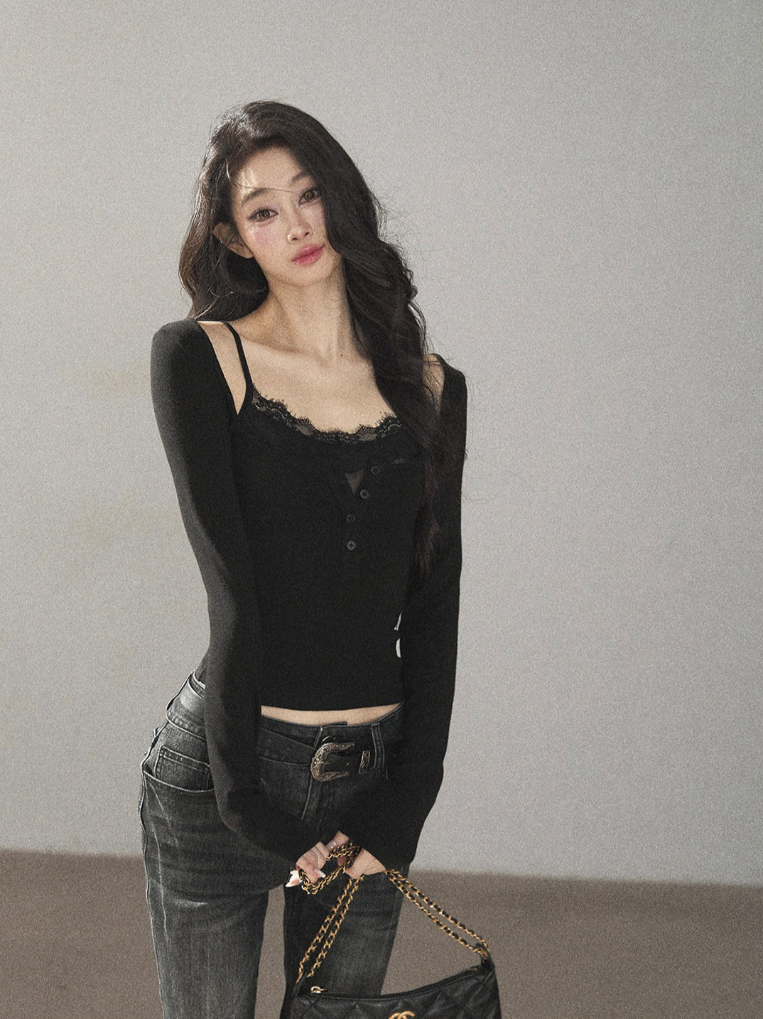 AOMALM - "Dappled Tree Shadows" Serene Black Korean Lace Camisole Long-Sleeve Top Set