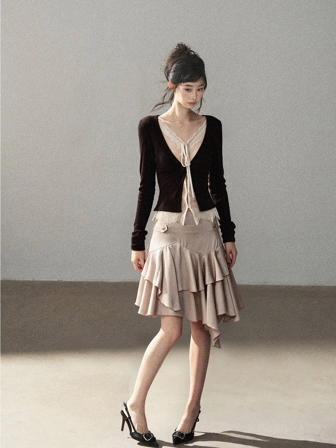 AOMALM - "Glimmer Between the Clouds" Serene Black Korean Lace Knit Long-Sleeve Top