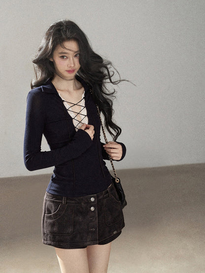 AOMALM - "Soft Interlude" Navy Blue Korean Lace Knit Cropped Top with Tie