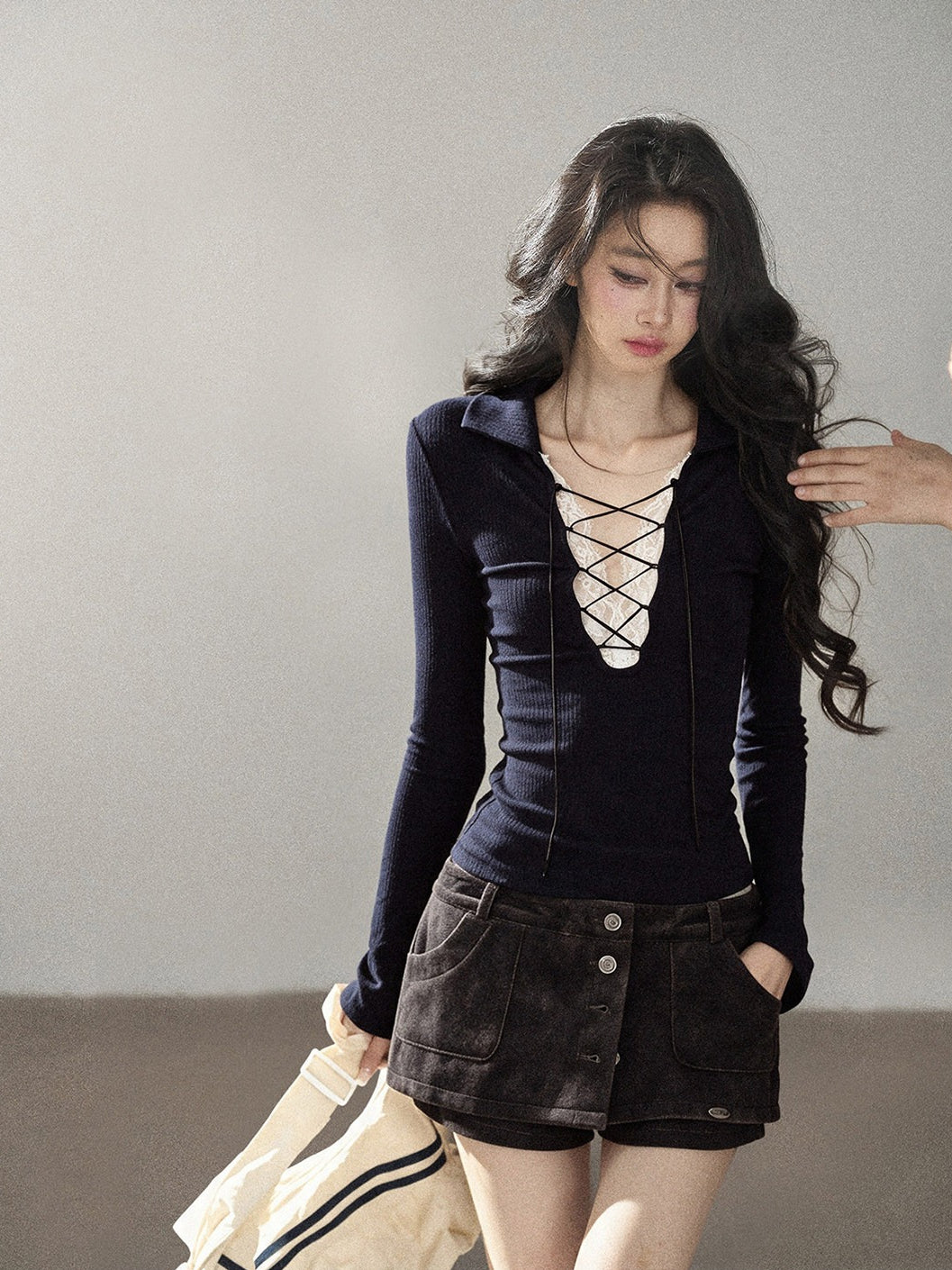 AOMALM - "Soft Interlude" Navy Blue Korean Lace Knit Cropped Top with Tie