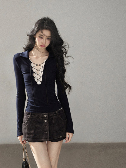 AOMALM - "Soft Interlude" Navy Blue Korean Lace Knit Cropped Top with Tie