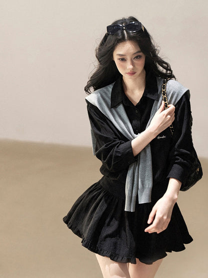 AOMALM - "Whispers of the Night" Serene Black Korean Intellectual Chic Shirt & Mini Skirt Set