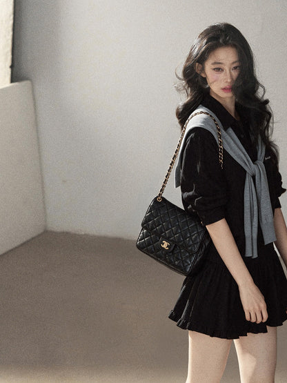 AOMALM - "Whispers of the Night" Serene Black Korean Intellectual Chic Shirt & Mini Skirt Set