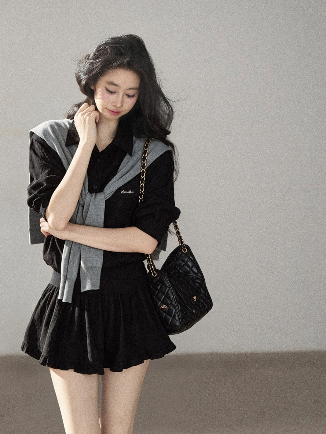 AOMALM - "Whispers of the Night" Serene Black Korean Intellectual Chic Shirt & Mini Skirt Set