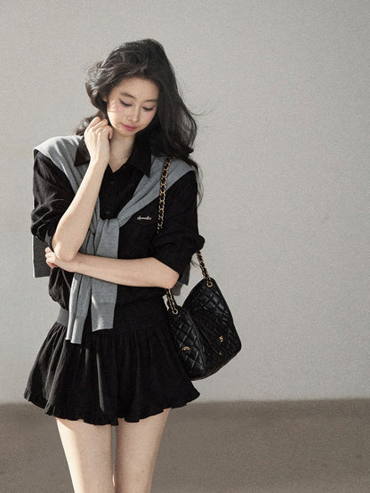 AOMALM - "Whispers of the Night" Serene Black Korean Intellectual Chic Shirt & Mini Skirt Set