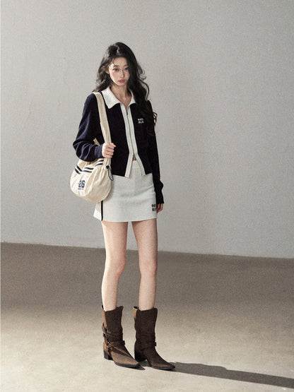 AOMALM - "Dream Beneath the Sea" Navy Blue Jacket & Mist White Mini Skirt Set