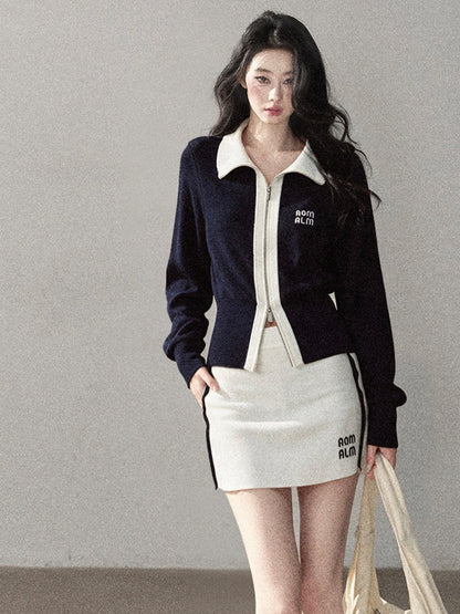AOMALM - "Dream Beneath the Sea" Navy Blue Jacket & Mist White Mini Skirt Set